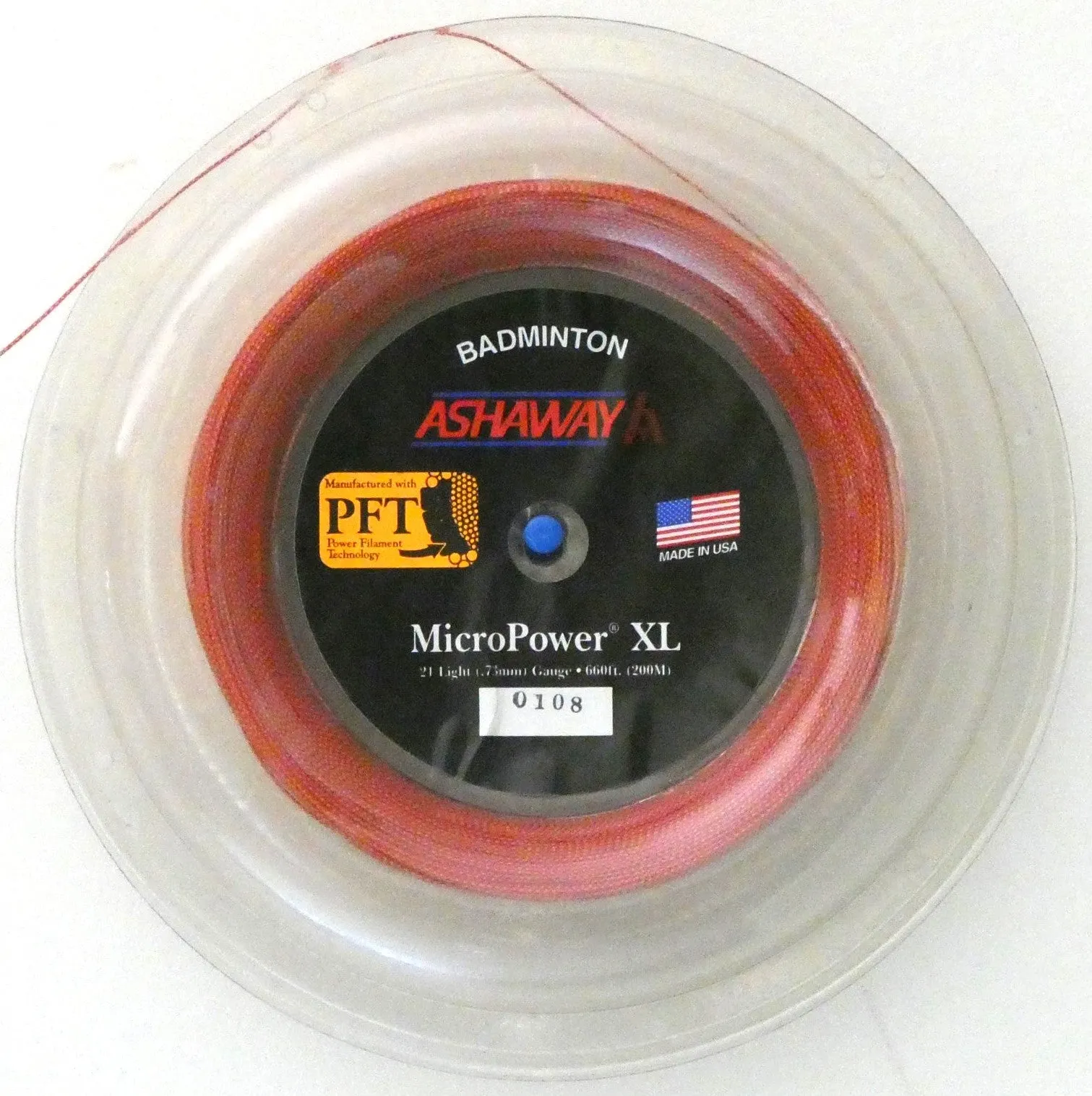Ashaway MicroPower XL Badminton String, Orange with red spiral, 200 M REEL