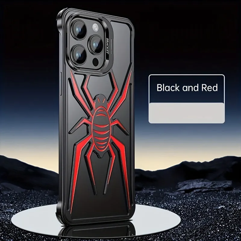 Case for iPhone 13 14 15 Pro Max/Pro/Plus, Aluminum Metal Spider Pattern Design Frameless Heat Dissection Minimalist Slim Lightweight Case with Built in Camera Stand, Black/Red/Silver