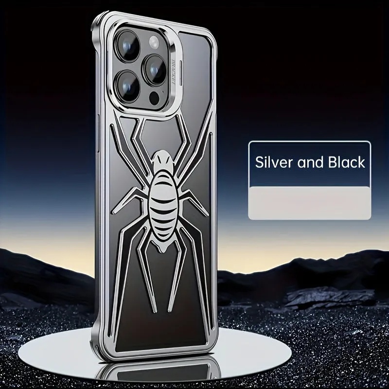 Case for iPhone 13 14 15 Pro Max/Pro/Plus, Aluminum Metal Spider Pattern Design Frameless Heat Dissection Minimalist Slim Lightweight Case with Built in Camera Stand, Black/Red/Silver