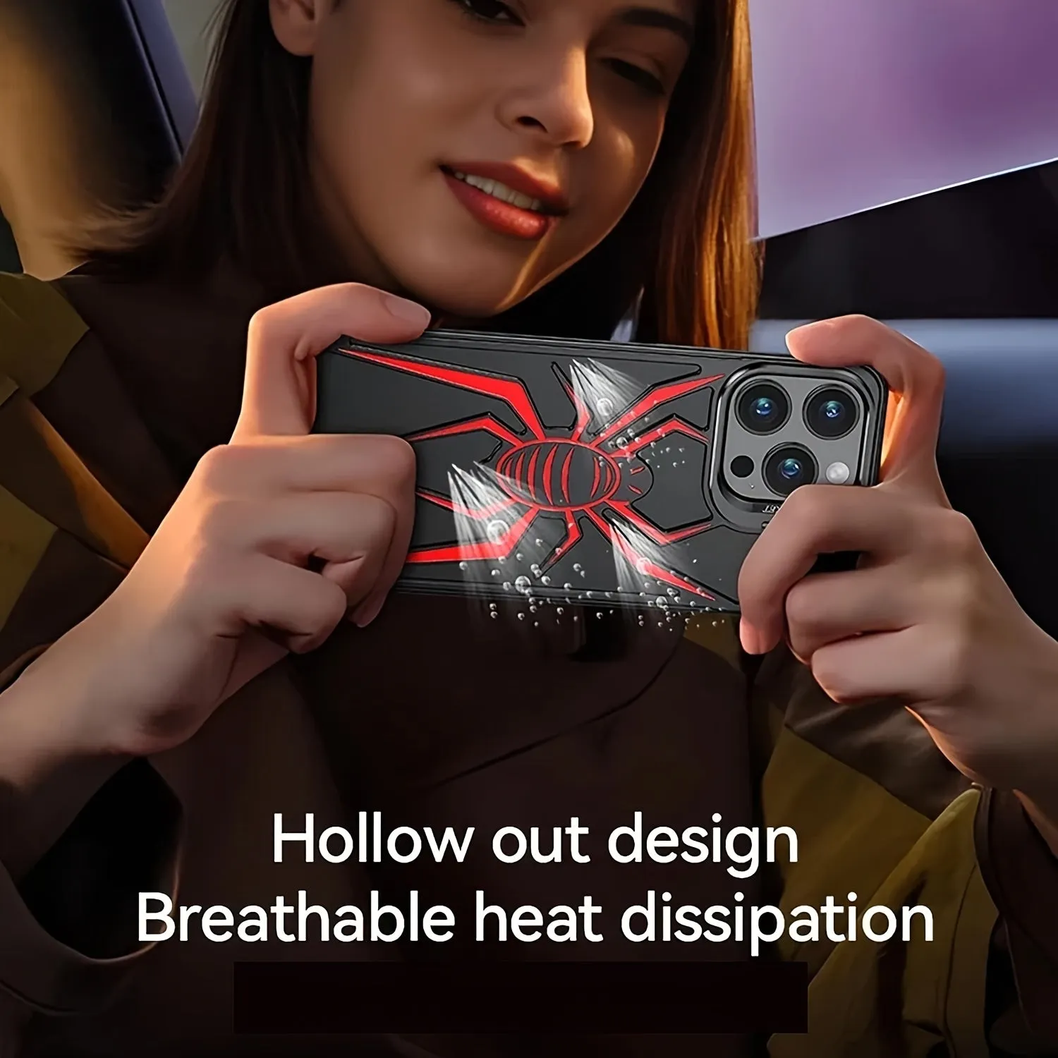 Case for iPhone 13 14 15 Pro Max/Pro/Plus, Aluminum Metal Spider Pattern Design Frameless Heat Dissection Minimalist Slim Lightweight Case with Built in Camera Stand, Black/Red/Silver
