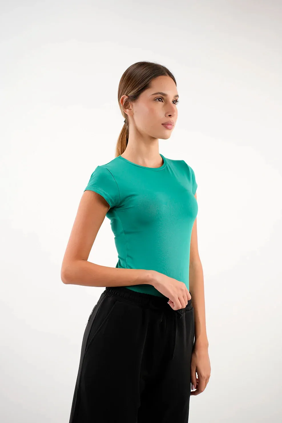 Crew Neck Basic Short Sleeved Green