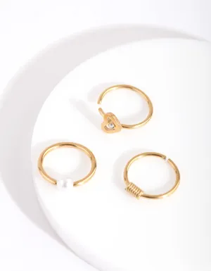 Gold Pearl Heart Diamante Nose Ring Pack