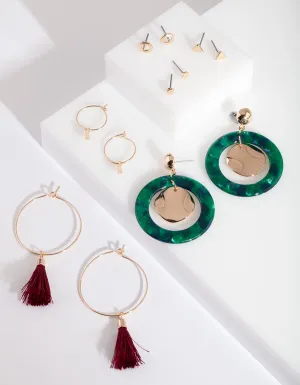 Green Acrylic Red Tassel Earring Pack