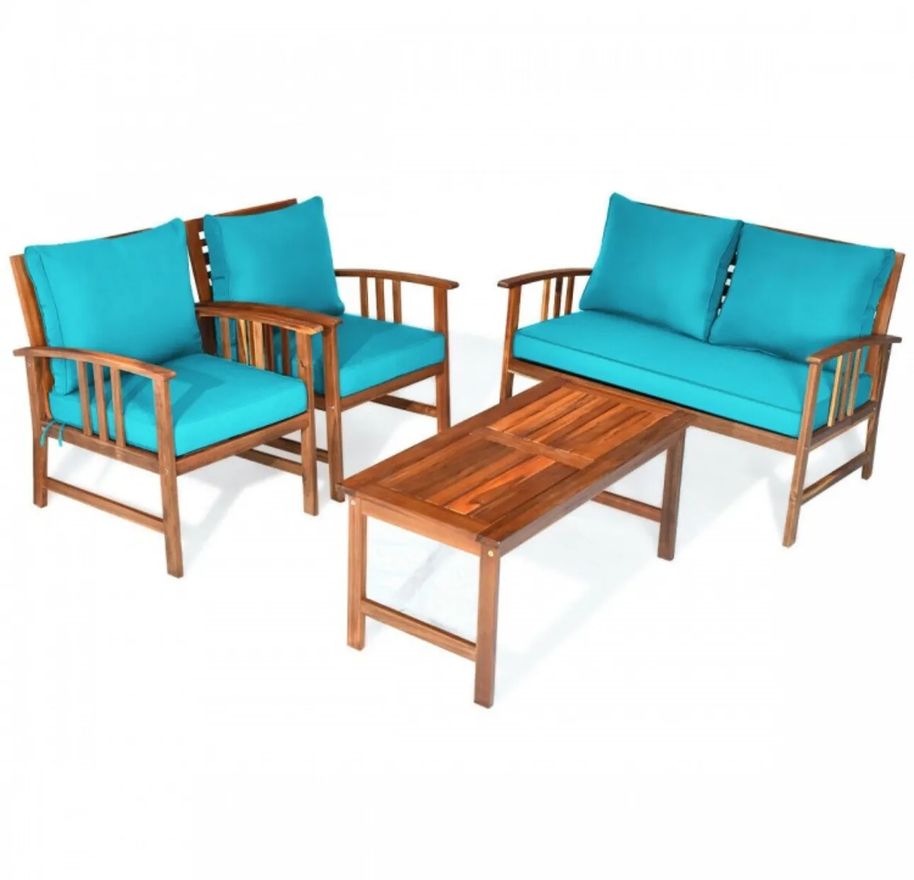 Heavy Duty Comfortable 4 Piece Acacia Wooden Patio Sofa Furniture Chair Set With Thick Cushions | Multiple Combinations