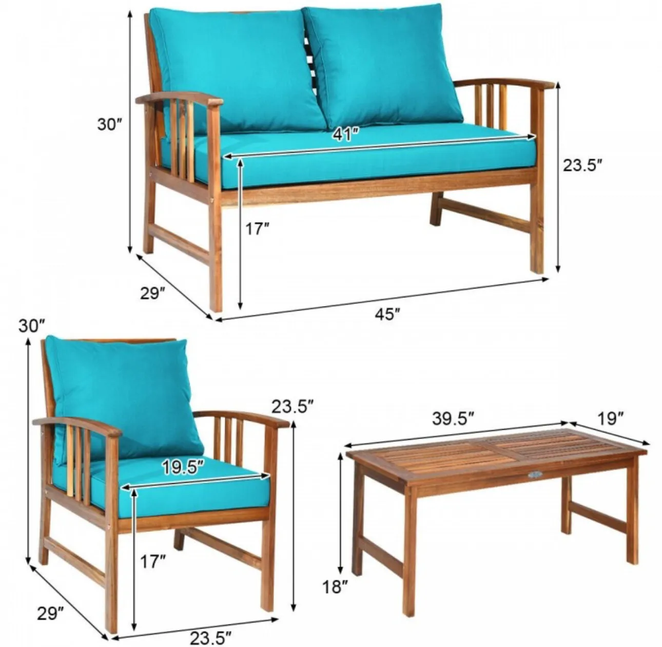 Heavy Duty Comfortable 4 Piece Acacia Wooden Patio Sofa Furniture Chair Set With Thick Cushions | Multiple Combinations