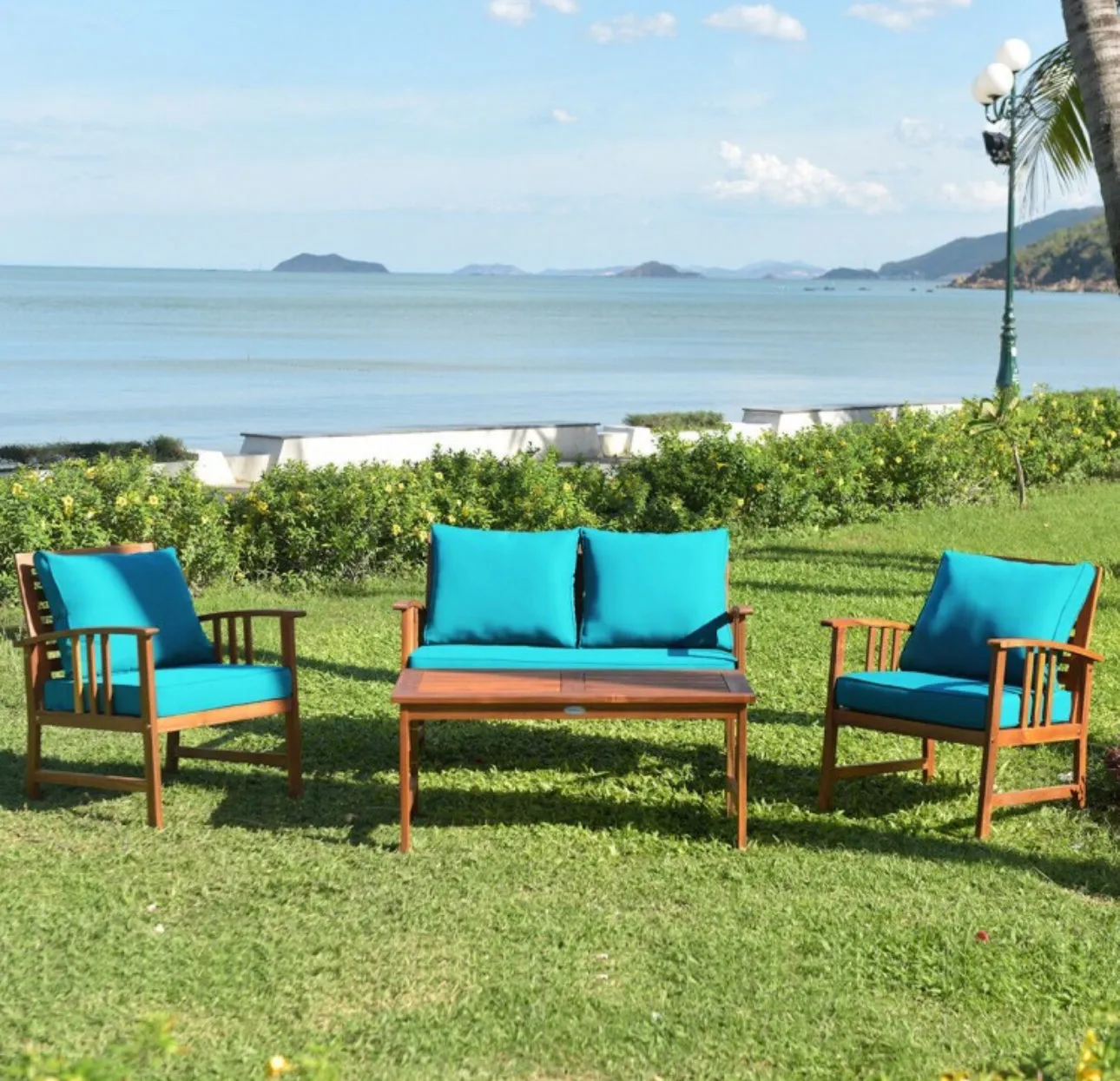 Heavy Duty Comfortable 4 Piece Acacia Wooden Patio Sofa Furniture Chair Set With Thick Cushions | Multiple Combinations