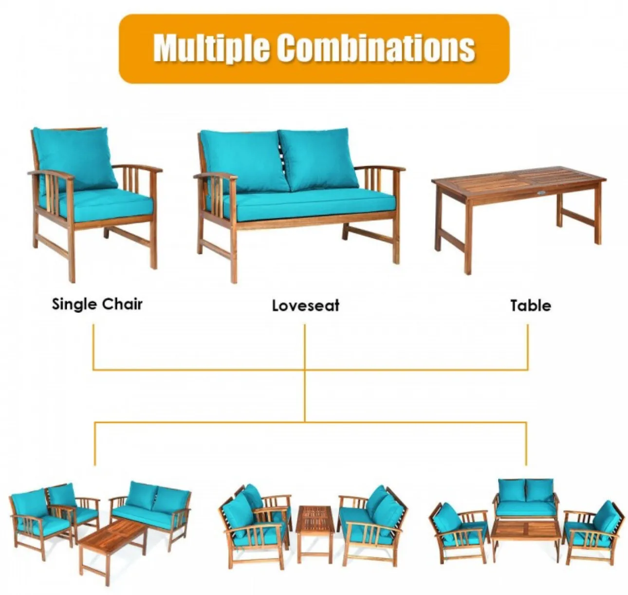 Heavy Duty Comfortable 4 Piece Acacia Wooden Patio Sofa Furniture Chair Set With Thick Cushions | Multiple Combinations