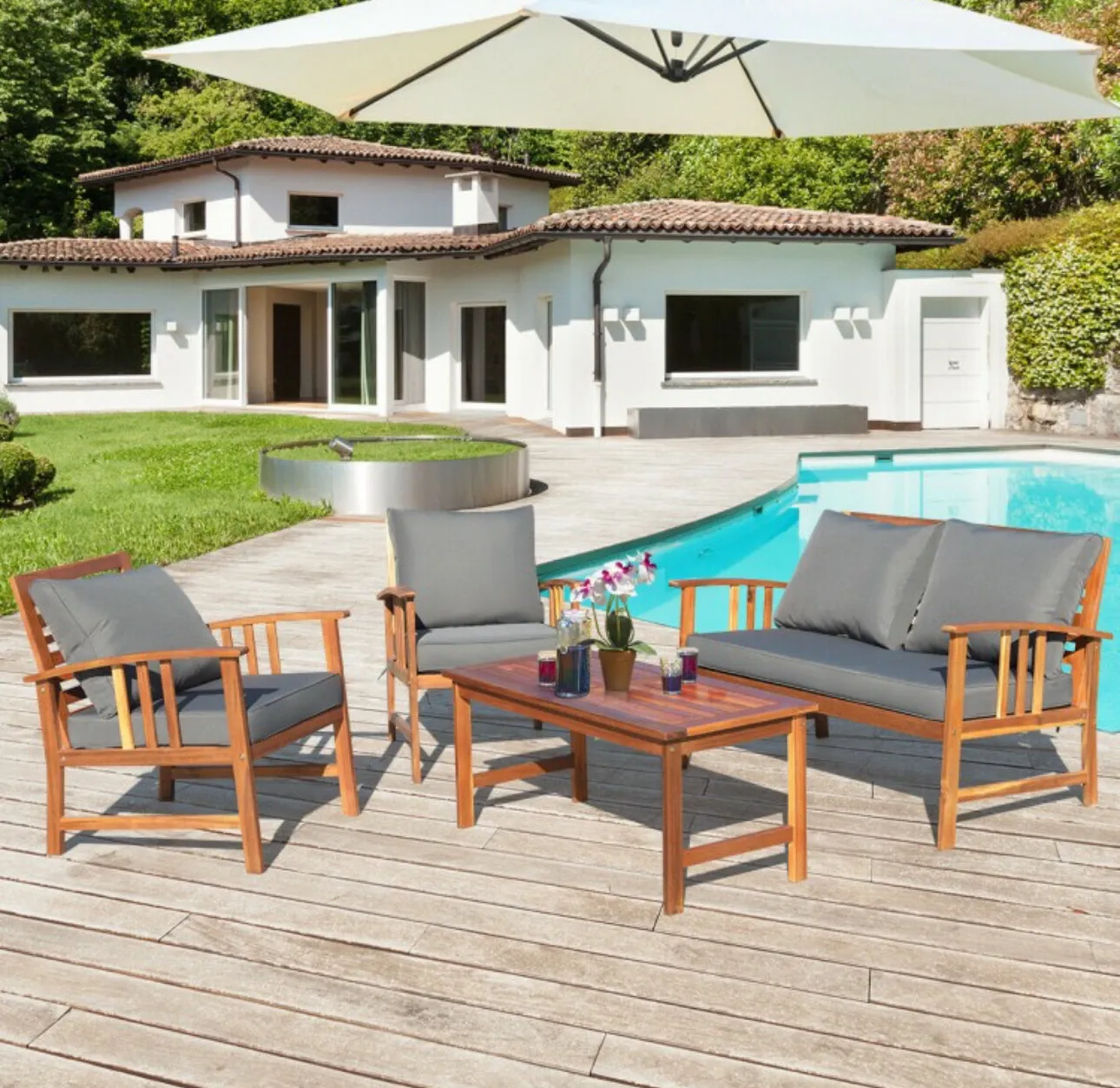 Heavy Duty Comfortable 4 Piece Acacia Wooden Patio Sofa Furniture Chair Set With Thick Cushions | Multiple Combinations