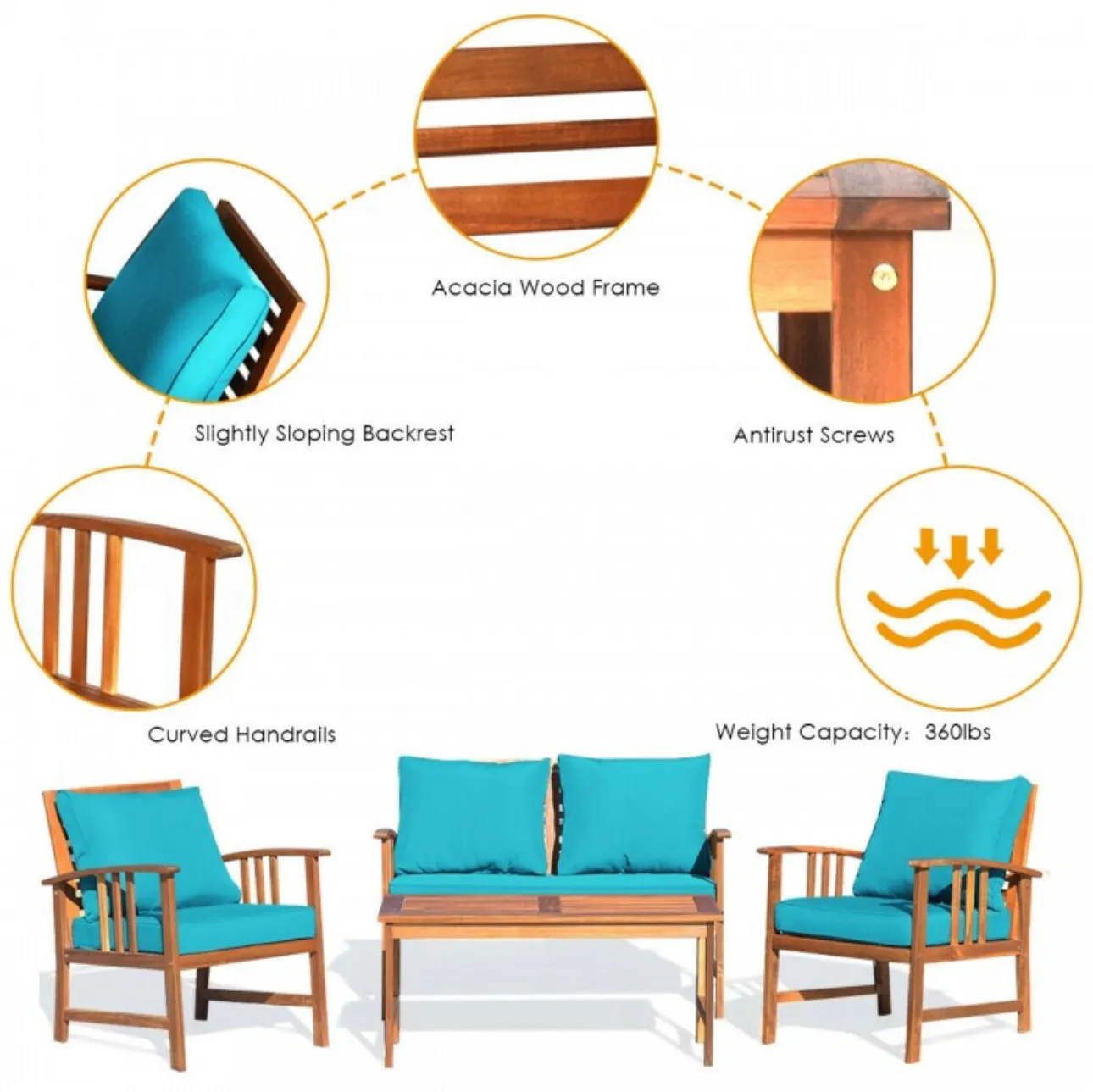 Heavy Duty Comfortable 4 Piece Acacia Wooden Patio Sofa Furniture Chair Set With Thick Cushions | Multiple Combinations
