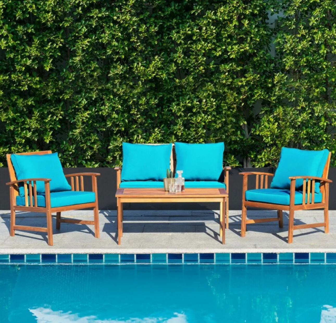 Heavy Duty Comfortable 4 Piece Acacia Wooden Patio Sofa Furniture Chair Set With Thick Cushions | Multiple Combinations