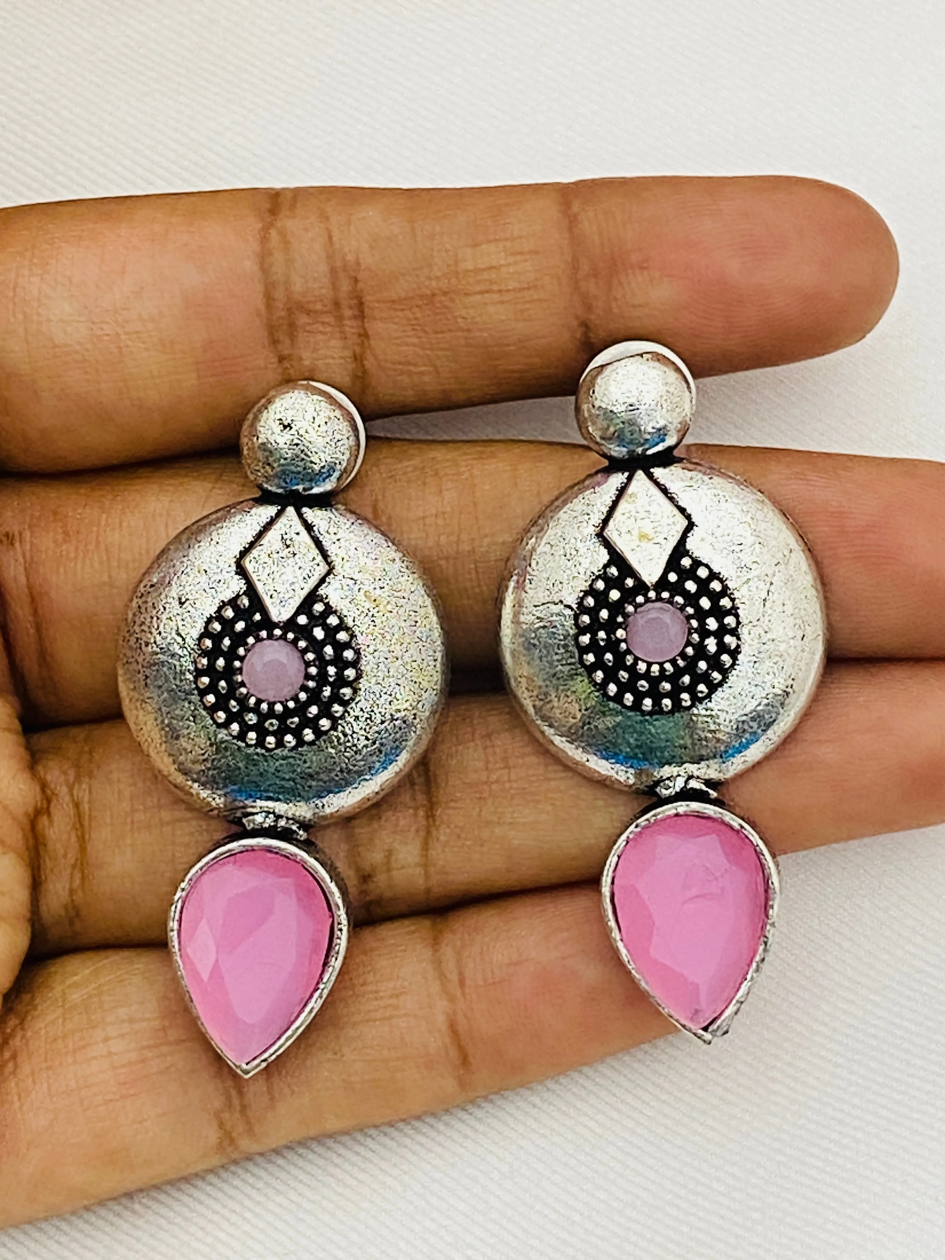 Magnificent Pink Stone Studded Designer German Silver Plated Designer Dangle Earrings