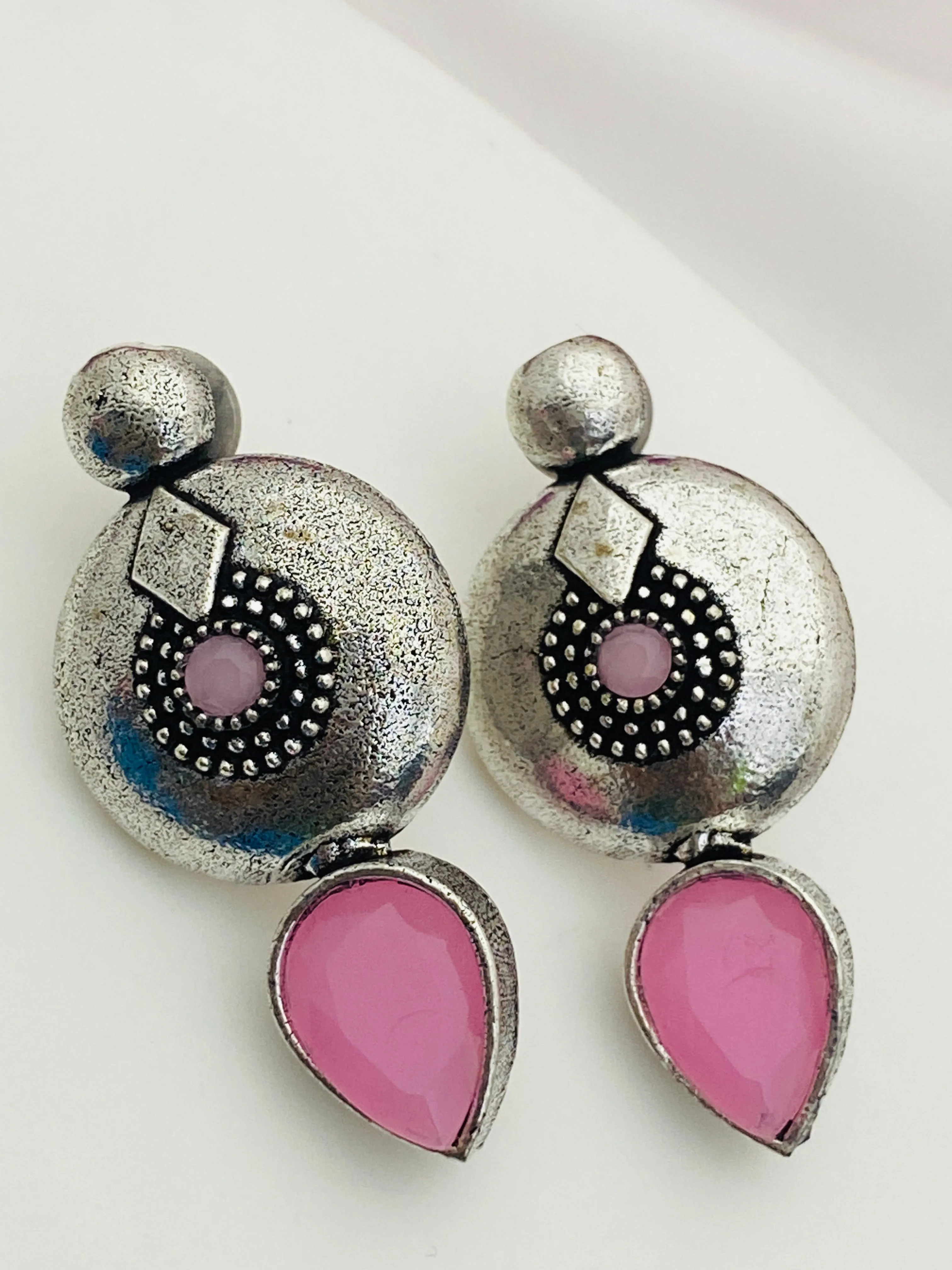 Magnificent Pink Stone Studded Designer German Silver Plated Designer Dangle Earrings