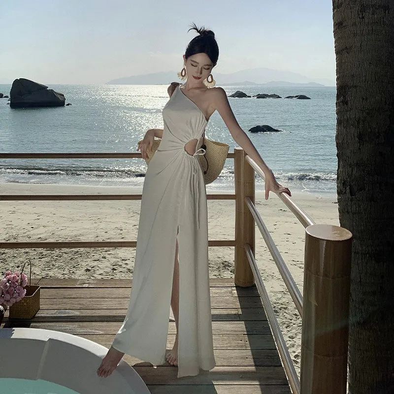 Sanya Holiday Cut Out Waist-Baring Slim-Fit Beach Dress with Suspenders