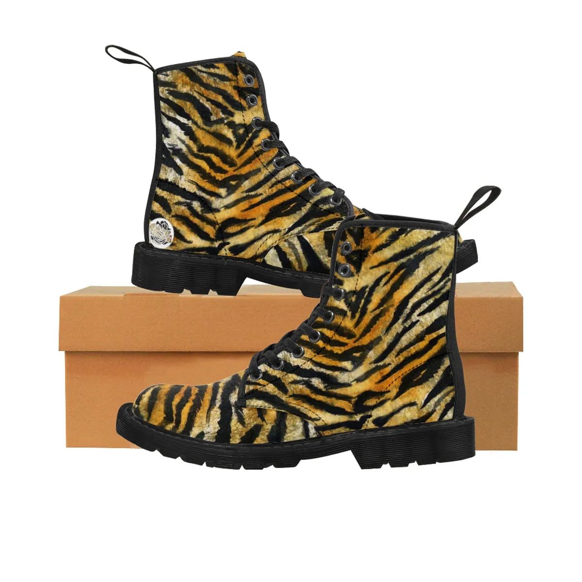 Tiger Striped Women's Boots, Animal Print Designer Winter Lace-up Toe Cap Hiking Boots