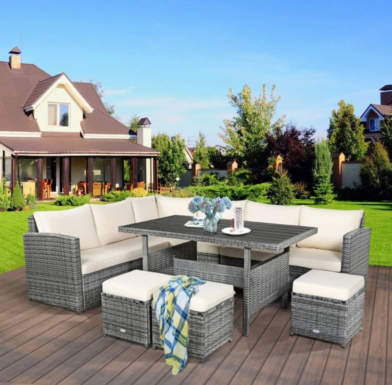 Very Relaxing Heavy Duty 7-Piece Cushiony Outdoor Furniture Wicker Sectional Sofa Patio Set With Dining Table