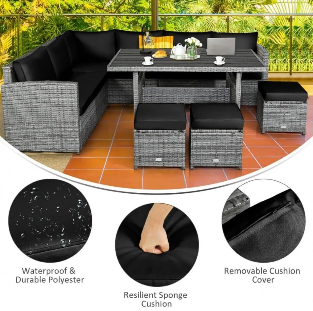 Very Relaxing Heavy Duty 7-Piece Cushiony Outdoor Furniture Wicker Sectional Sofa Patio Set With Dining Table