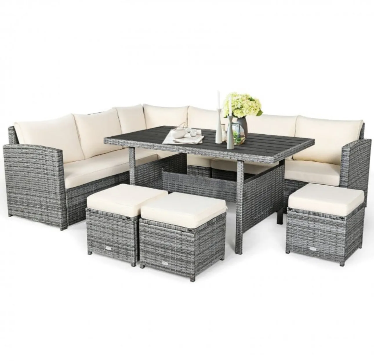 Very Relaxing Heavy Duty 7-Piece Cushiony Outdoor Furniture Wicker Sectional Sofa Patio Set With Dining Table