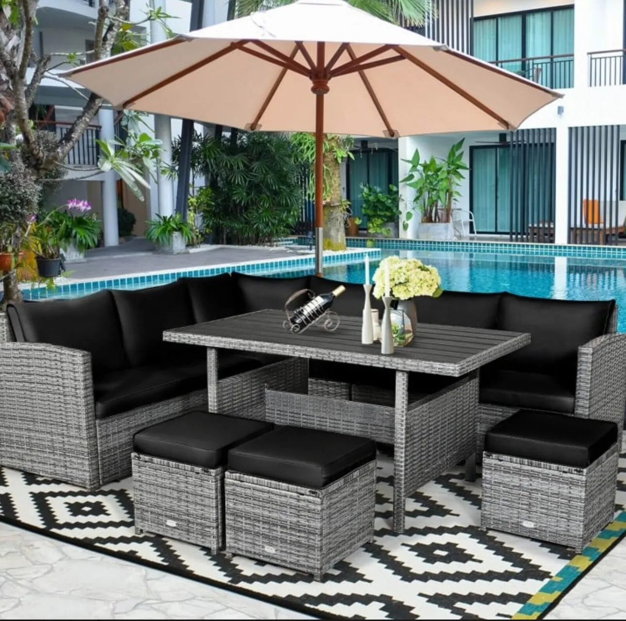 Very Relaxing Heavy Duty 7-Piece Cushiony Outdoor Furniture Wicker Sectional Sofa Patio Set With Dining Table