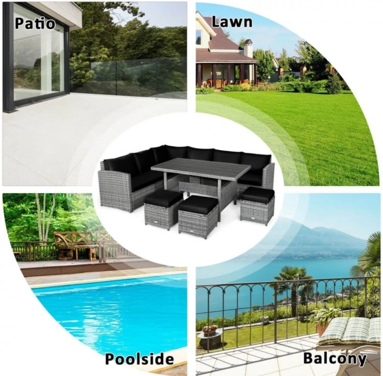 Very Relaxing Heavy Duty 7-Piece Cushiony Outdoor Furniture Wicker Sectional Sofa Patio Set With Dining Table