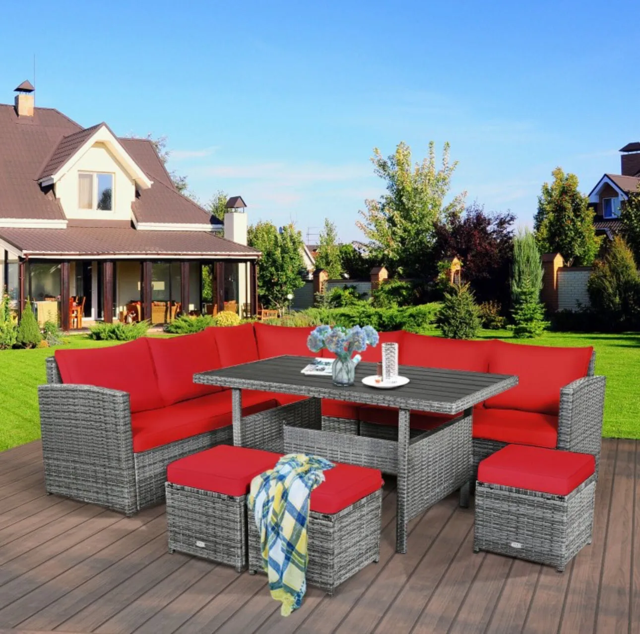 Very Relaxing Heavy Duty 7-Piece Cushiony Outdoor Furniture Wicker Sectional Sofa Patio Set With Dining Table