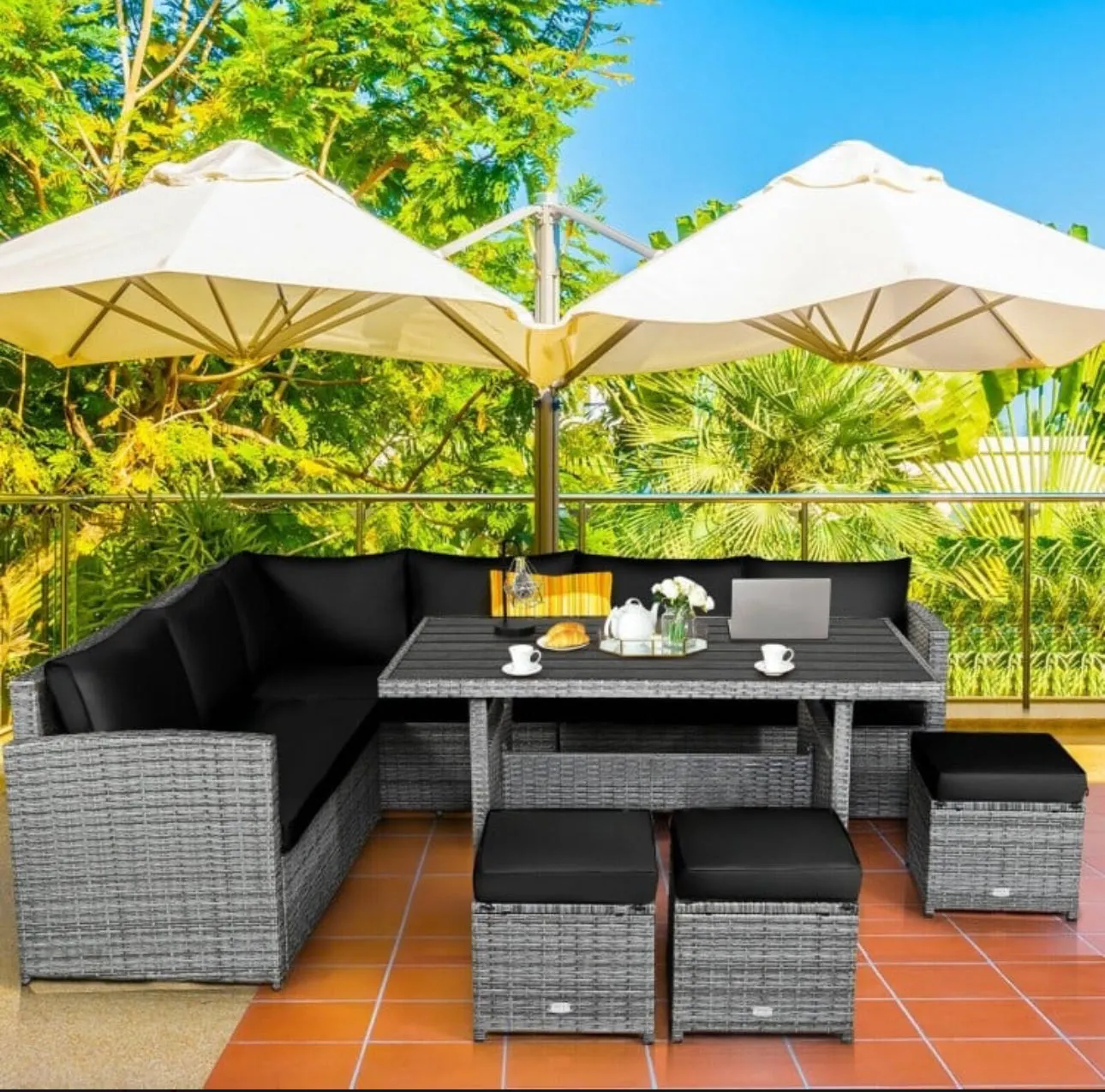 Very Relaxing Heavy Duty 7-Piece Cushiony Outdoor Furniture Wicker Sectional Sofa Patio Set With Dining Table