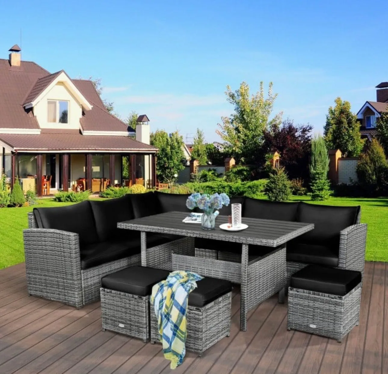 Very Relaxing Heavy Duty 7-Piece Cushiony Outdoor Furniture Wicker Sectional Sofa Patio Set With Dining Table