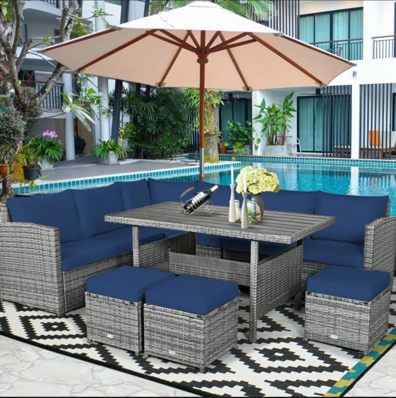 Very Relaxing Heavy Duty 7-Piece Cushiony Outdoor Furniture Wicker Sectional Sofa Patio Set With Dining Table