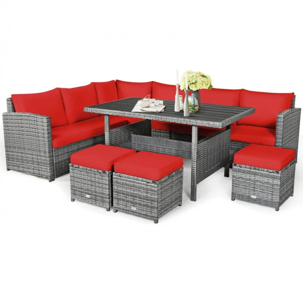 Very Relaxing Heavy Duty 7-Piece Cushiony Outdoor Furniture Wicker Sectional Sofa Patio Set With Dining Table