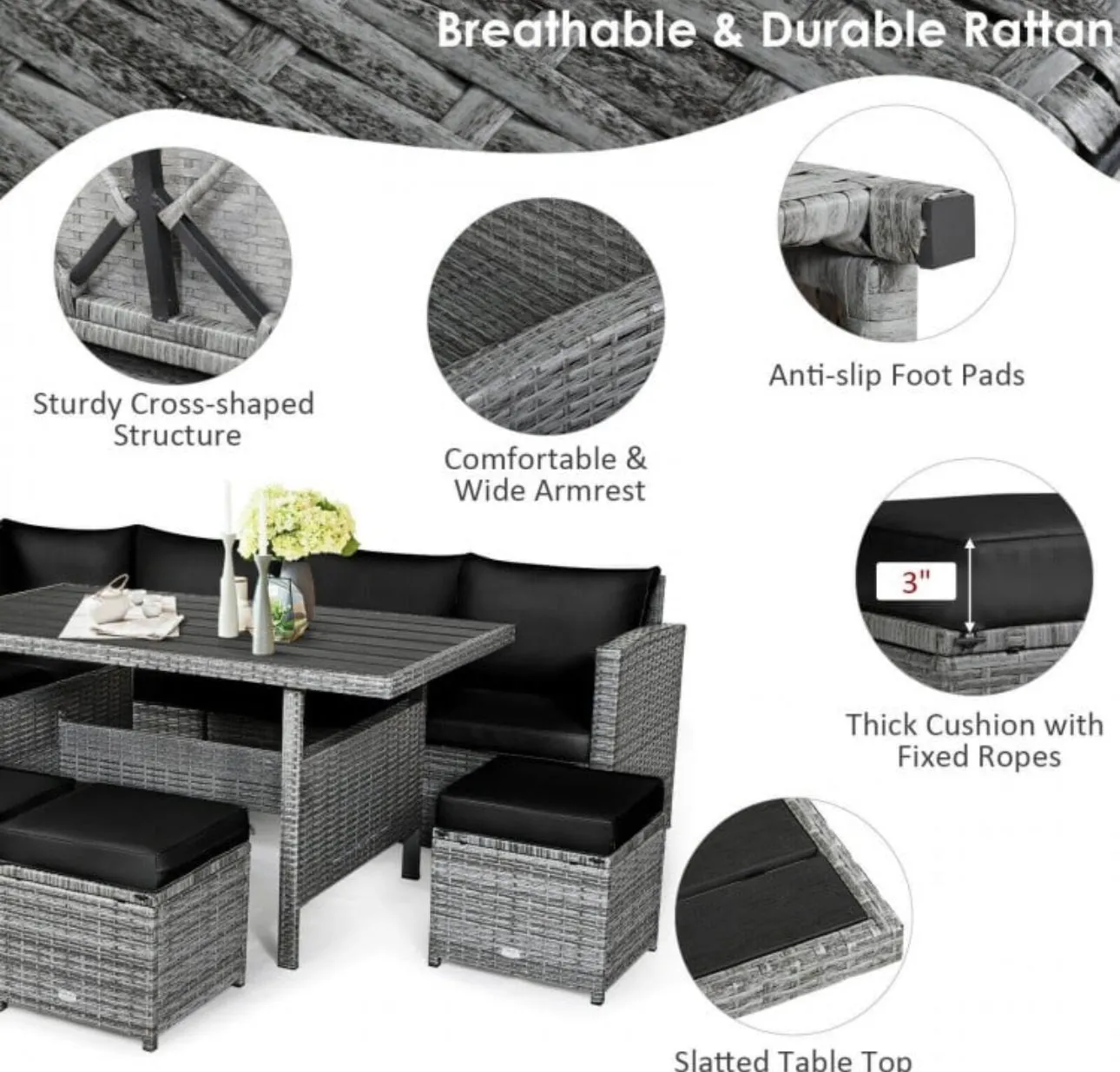 Very Relaxing Heavy Duty 7-Piece Cushiony Outdoor Furniture Wicker Sectional Sofa Patio Set With Dining Table