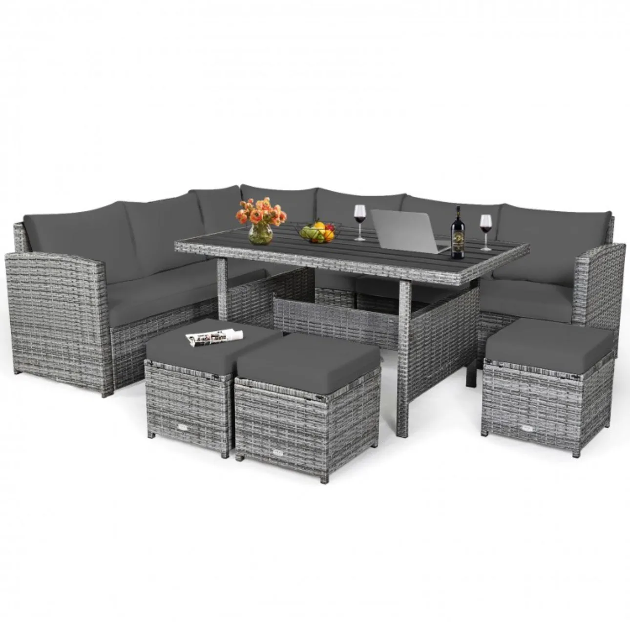 Very Relaxing Heavy Duty 7-Piece Cushiony Outdoor Furniture Wicker Sectional Sofa Patio Set With Dining Table