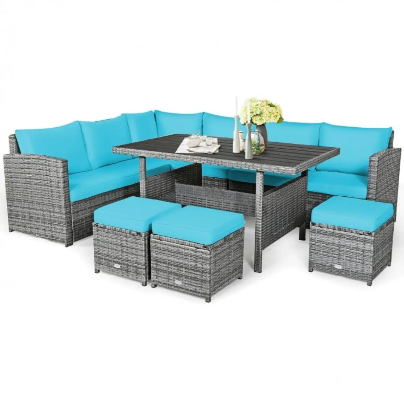 Very Relaxing Heavy Duty 7-Piece Cushiony Outdoor Furniture Wicker Sectional Sofa Patio Set With Dining Table