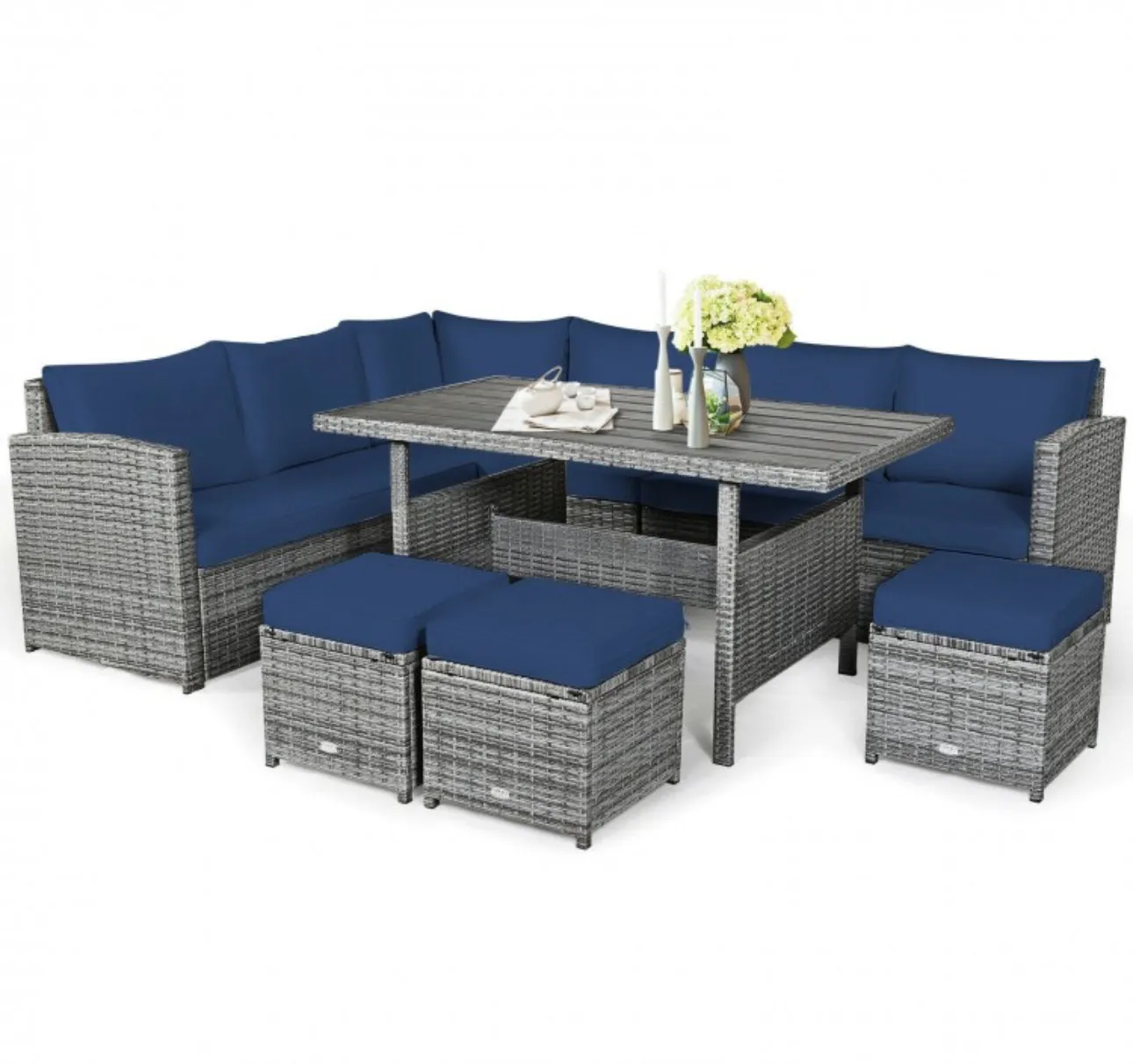 Very Relaxing Heavy Duty 7-Piece Cushiony Outdoor Furniture Wicker Sectional Sofa Patio Set With Dining Table