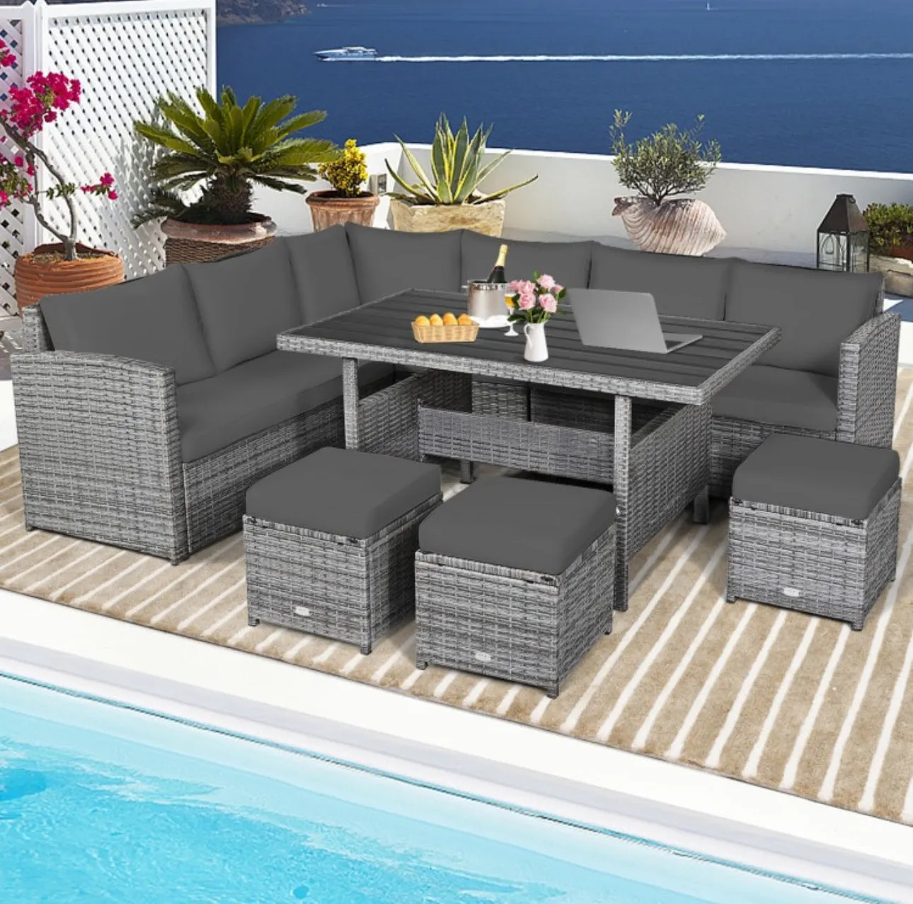 Very Relaxing Heavy Duty 7-Piece Cushiony Outdoor Furniture Wicker Sectional Sofa Patio Set With Dining Table