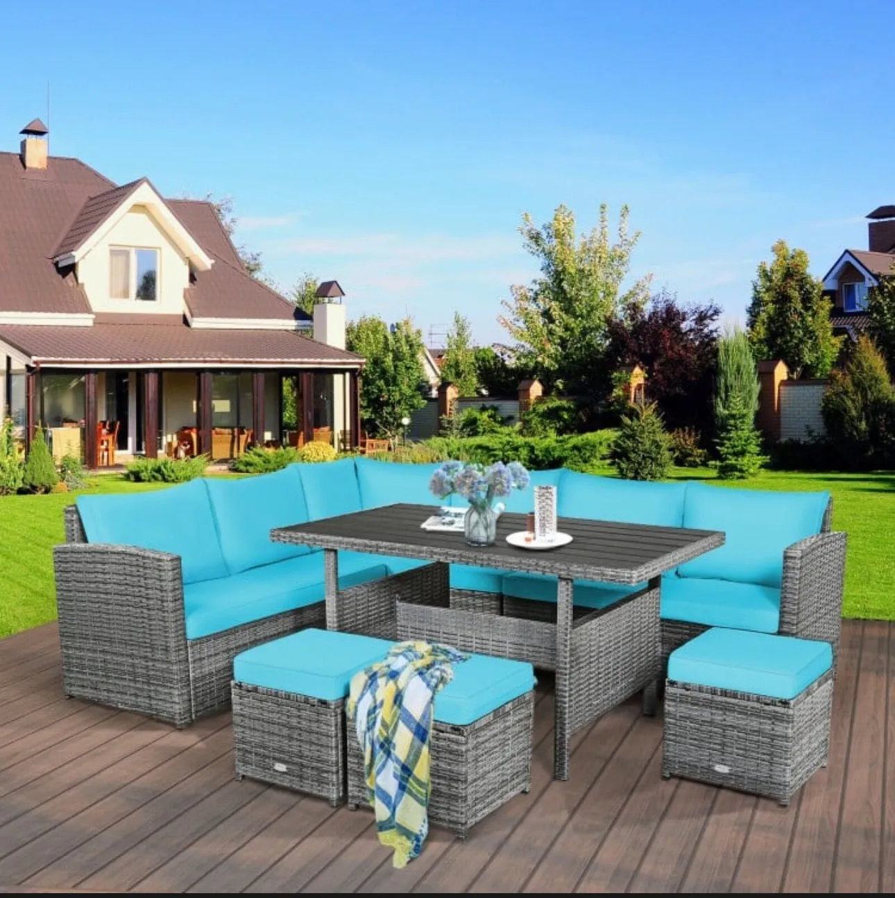 Very Relaxing Heavy Duty 7-Piece Cushiony Outdoor Furniture Wicker Sectional Sofa Patio Set With Dining Table